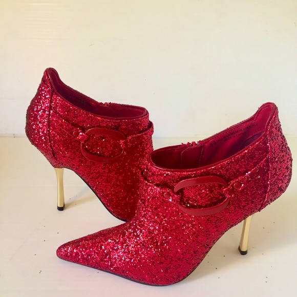 New Low Ankle Boots, Size 5.5, Red Glitter,  Hollywood Heels, Heel 4" high - Picture 1 of 6